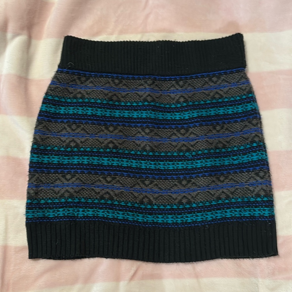 Striped sweater skirt, size small, black and blue
